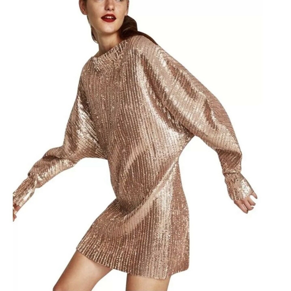 Zara Rose Gold Fully Sequinned Mini Dress Tunic To